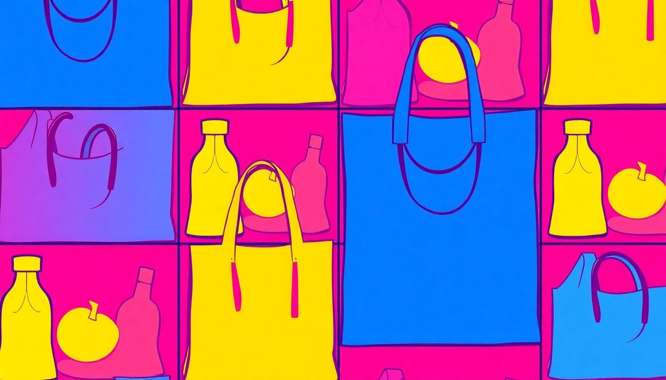 A brightly colored, high-contrast silkscreen print of a reusable grocery bag, repeated in a tight grid pattern in the style of Andy Warhol, conceptually representing the iconic products and community-driven values of Rainbow Grocery Cooperative.