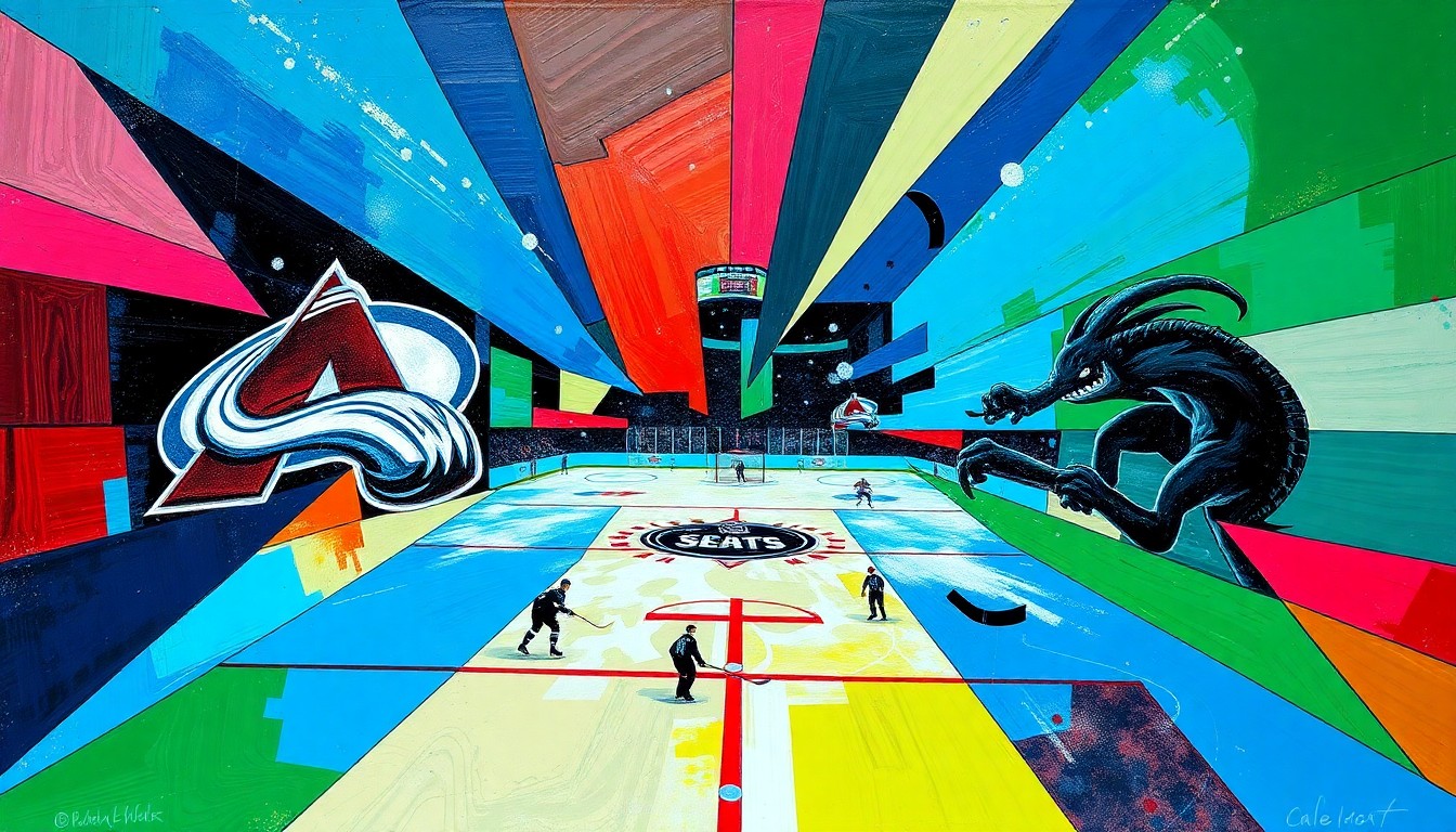 A cubist, geometric painting depicting a hockey game between the Colorado Avalanche and Seattle Kraken, with sharp, overlapping planes of color capturing the energy and intensity of the playoff matchup.