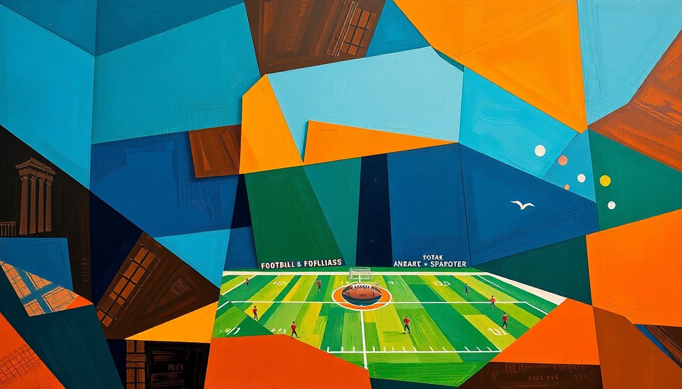 A fragmented, cubist-style painting depicting a football game or match, with sharp geometric shapes and planes in navy blue, burnt orange, and forest green, conveying the conceptual idea of a struggling NFL player under intense scrutiny.