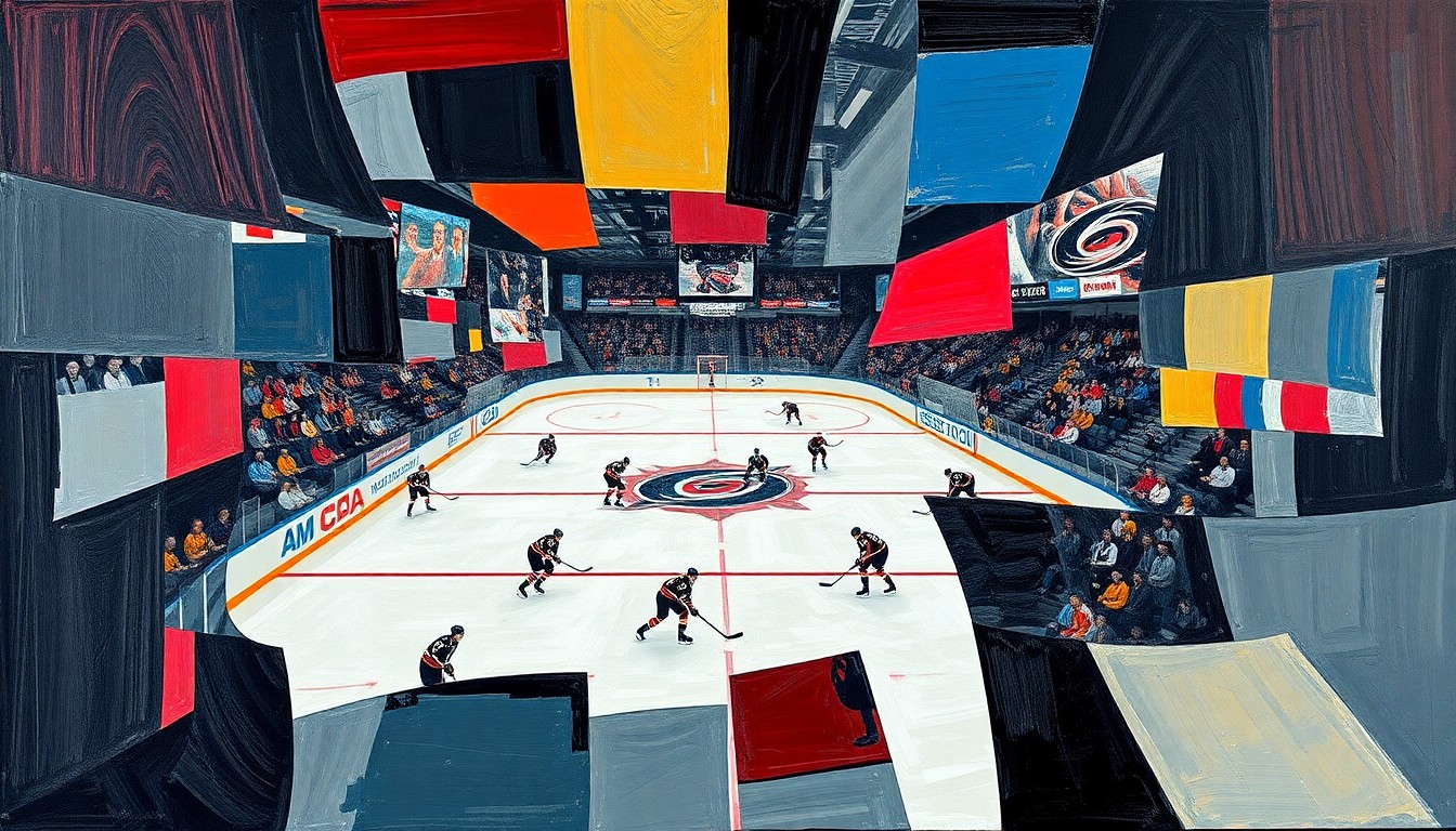 A cubist, geometric painting depicting a Carolina Hurricanes hockey game, with players and the puck fragmented into sharp, overlapping shapes and planes, conveying the team's high-intensity, structured approach to the game.