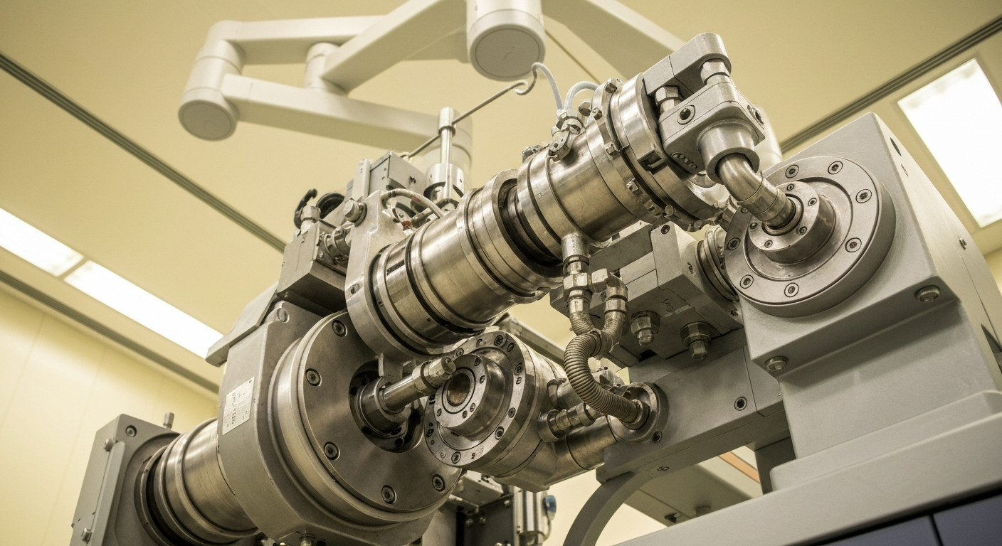 An extreme close-up of intricately detailed medical equipment and machinery, conveying the industrial scale and importance of Cardinal Health's role in the healthcare sector.