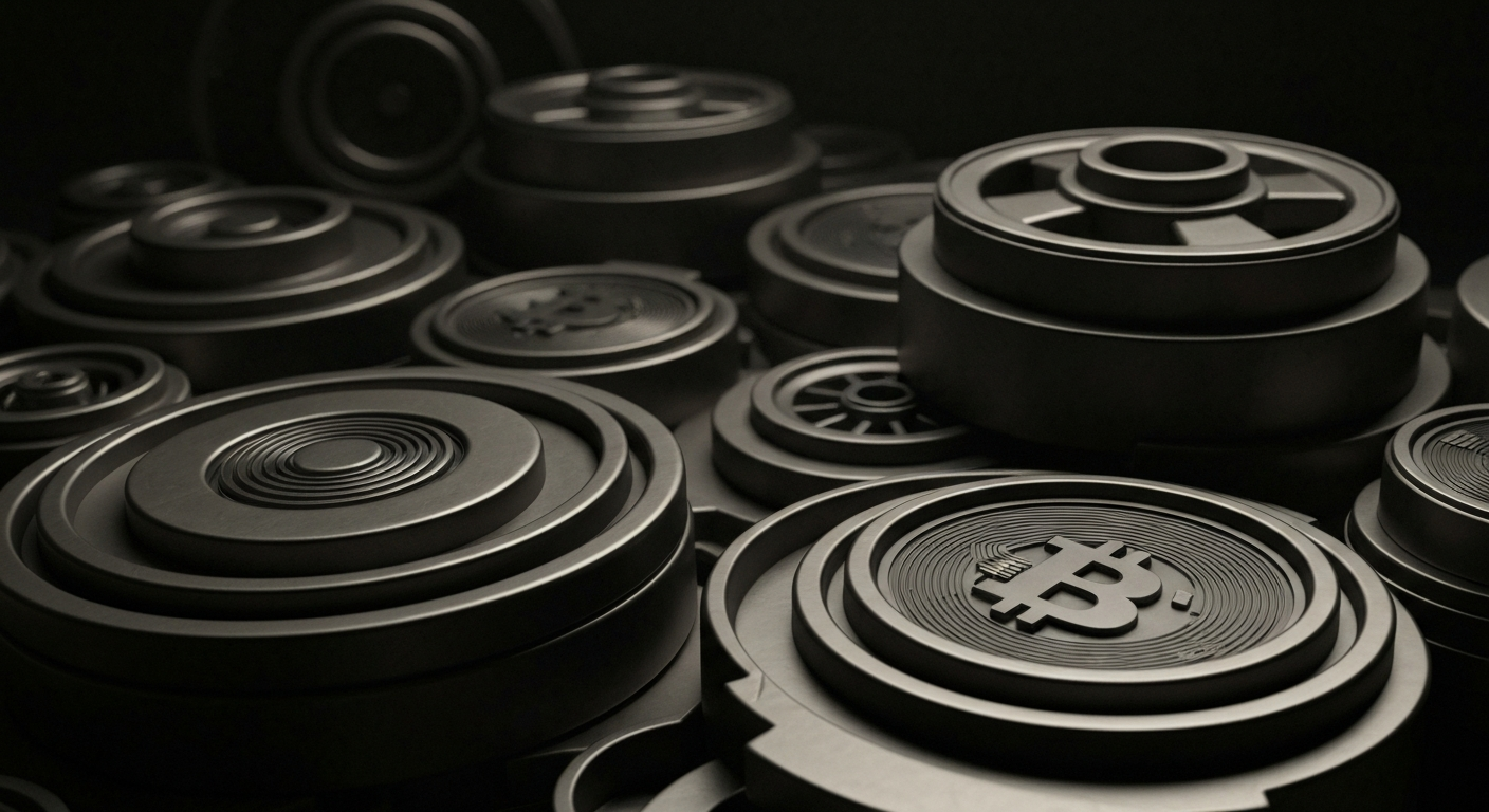 A highly detailed, black-and-white macro photograph of the inner workings of a cryptocurrency mining rig, capturing the industrial nature and mechanical complexity of the digital asset technology sector.