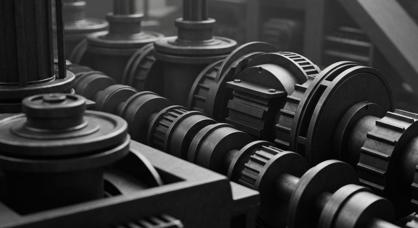 A high-contrast, close-up image of gears, levers, and other industrial banking equipment, representing the institutional and systemic nature of the financial industry.