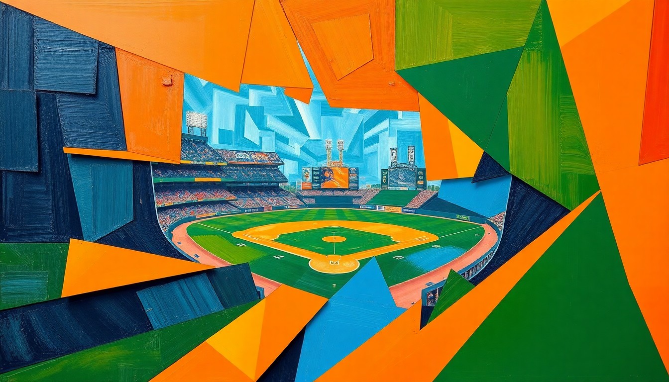 A fragmented, geometric painting in bold colors depicting the dynamic motion and energy of a baseball game, with no recognizable figures or details.