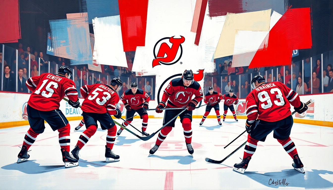 A cubist-style painting depicting a hockey game or match, with the players and action broken down into sharp, overlapping geometric shapes and planes in the colors of the New Jersey Devils' uniforms.
