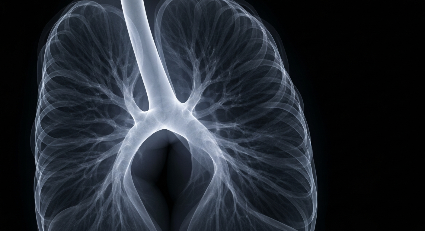 An ethereal, ghostly X-ray image revealing the delicate structure of human lungs, conceptually representing the use of advanced medical imaging and digital monitoring to gain deeper insights into the progression of ALS.