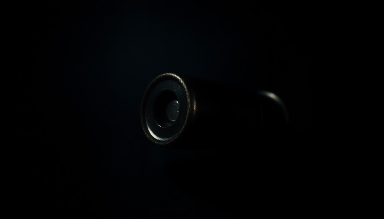 An extreme close-up photograph of a spent shell casing from a firearm, lit by a harsh, direct camera flash against a pitch-black background, creating a stark, gritty, investigative aesthetic.