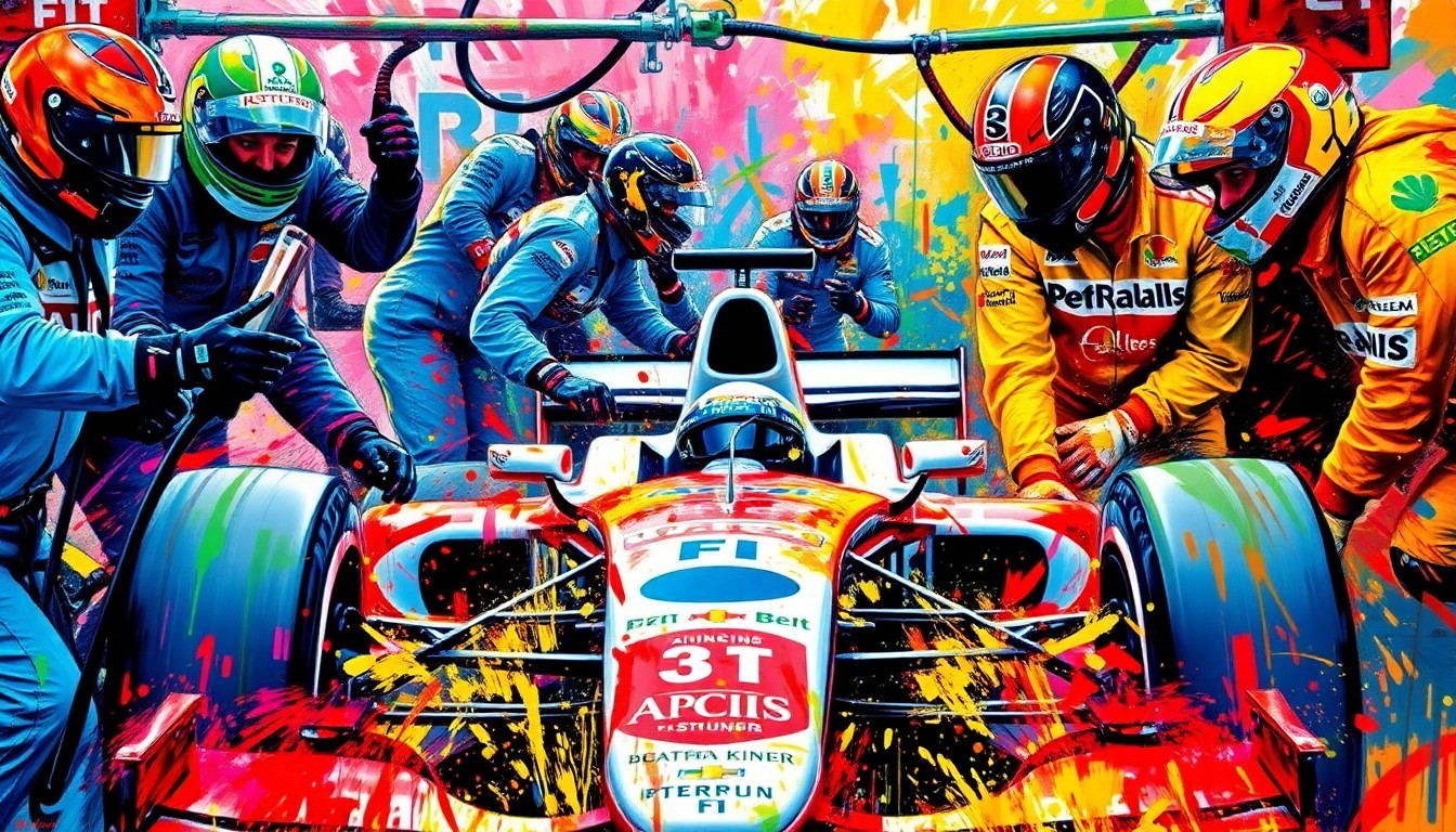 An abstract, expressionist painting featuring vibrant brushstrokes of neon colors that capture the raw, frenetic energy of a Formula 1 pit crew in action, with the faces and details of the crew members blending into the dynamic composition.