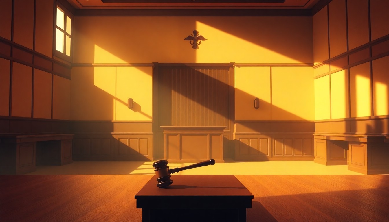 A serene, cinematic painting of an empty courtroom with a single judge's gavel resting on the bench, capturing the somber mood and concerns over judicial independence.