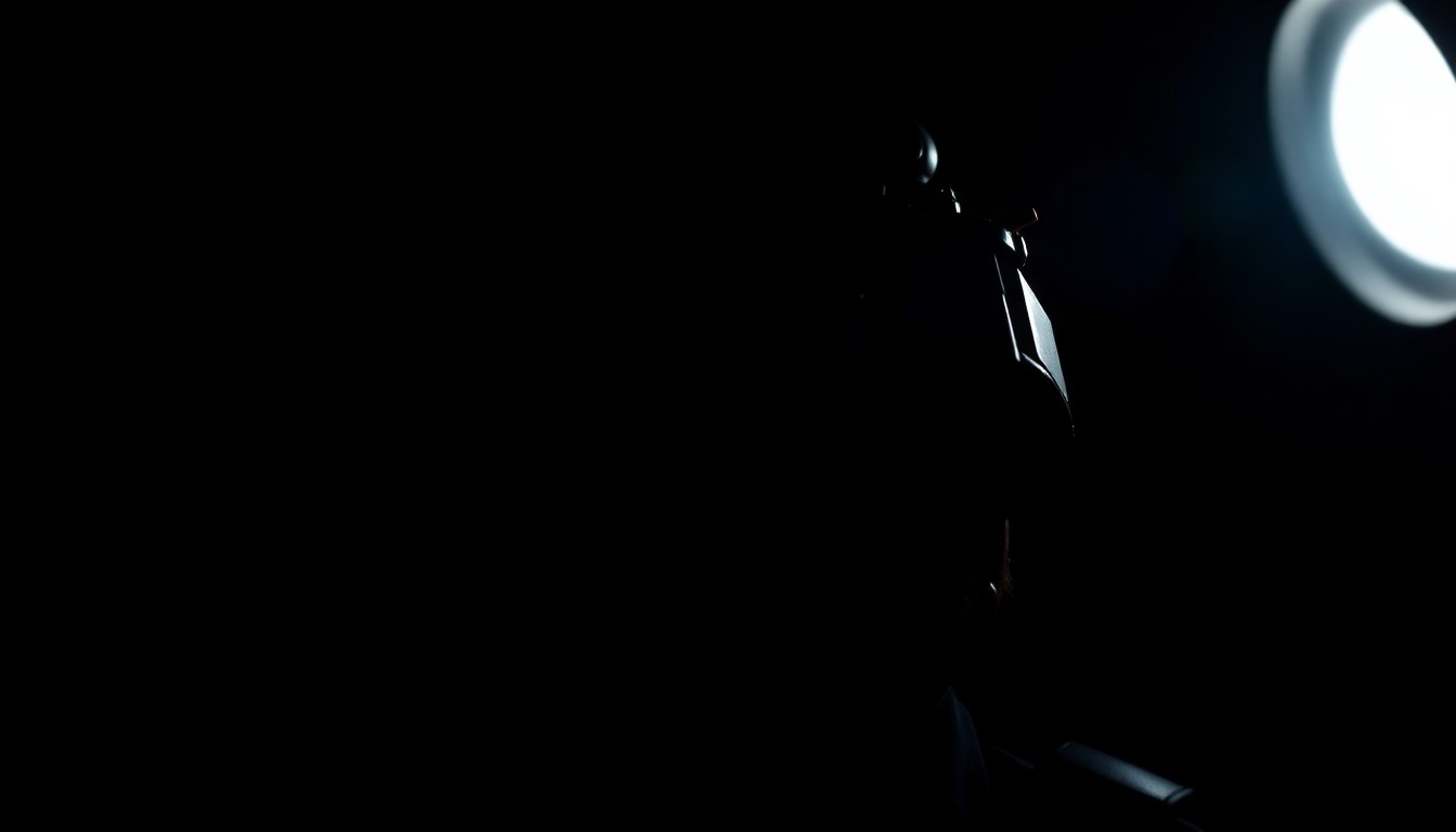An extreme close-up photograph of a police badge or other law enforcement equipment, lit by a harsh camera flash against a pitch-black background, conveying a sense of somber investigation and community solidarity.