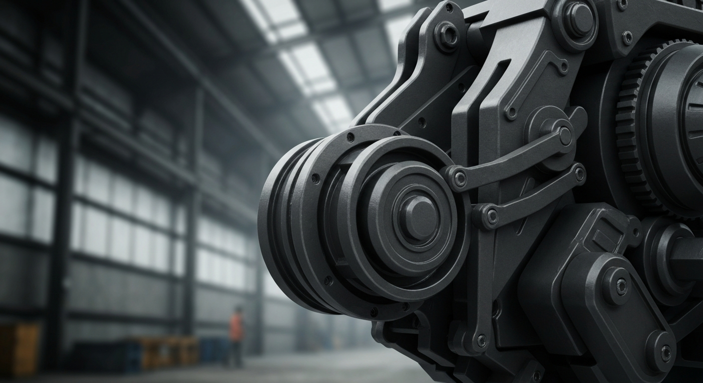 An extreme close-up of gears, levers, and other heavy machinery that powers the banking industry, rendered in a high-contrast, cinematic style.