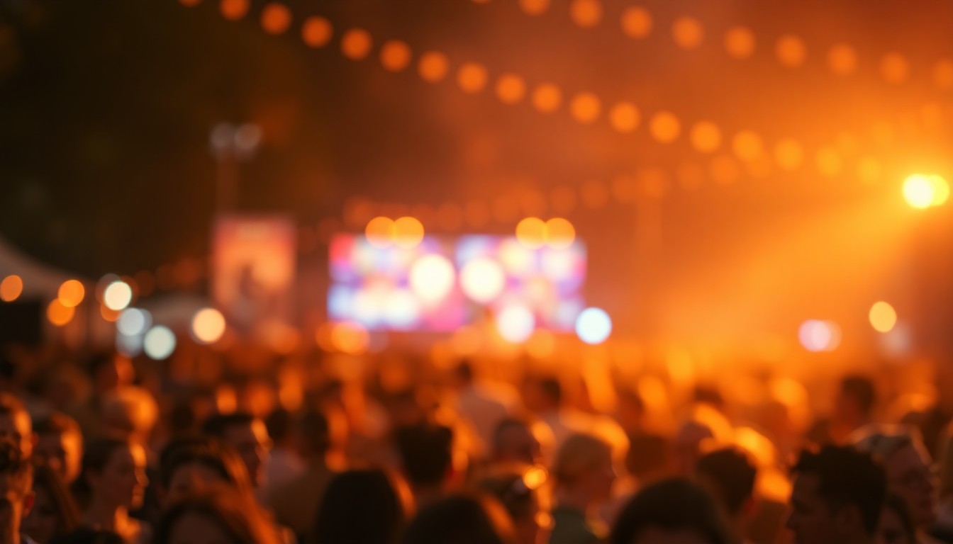 An abstract, impressionistic scene of blurred, colorful shapes and lights, conveying the festive mood of an arts festival.