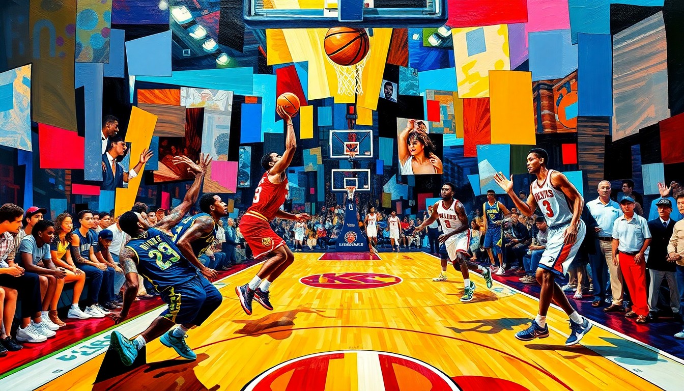 A fractured, cubist-style painting depicting the dynamic movements and energy of a basketball game, with the players' forms broken down into sharp, overlapping geometric shapes in the team's colors.