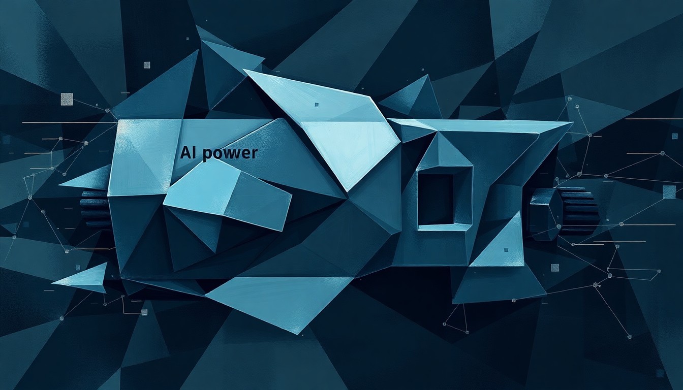 A highly abstract, fragmented painting in shades of blue, grey, and metallic tones, depicting an AI-powered machine or device in a state of rapid, chaotic motion, conceptually representing the challenges lawmakers face in keeping pace with the technology's rapid evolution.