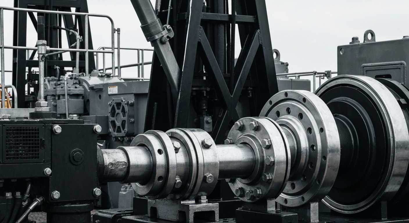 A close-up view of industrial oilfield equipment and machinery, with a focus on the intricate mechanical details and powerful, utilitarian design, conveying the industry's physical infrastructure and technological capabilities.