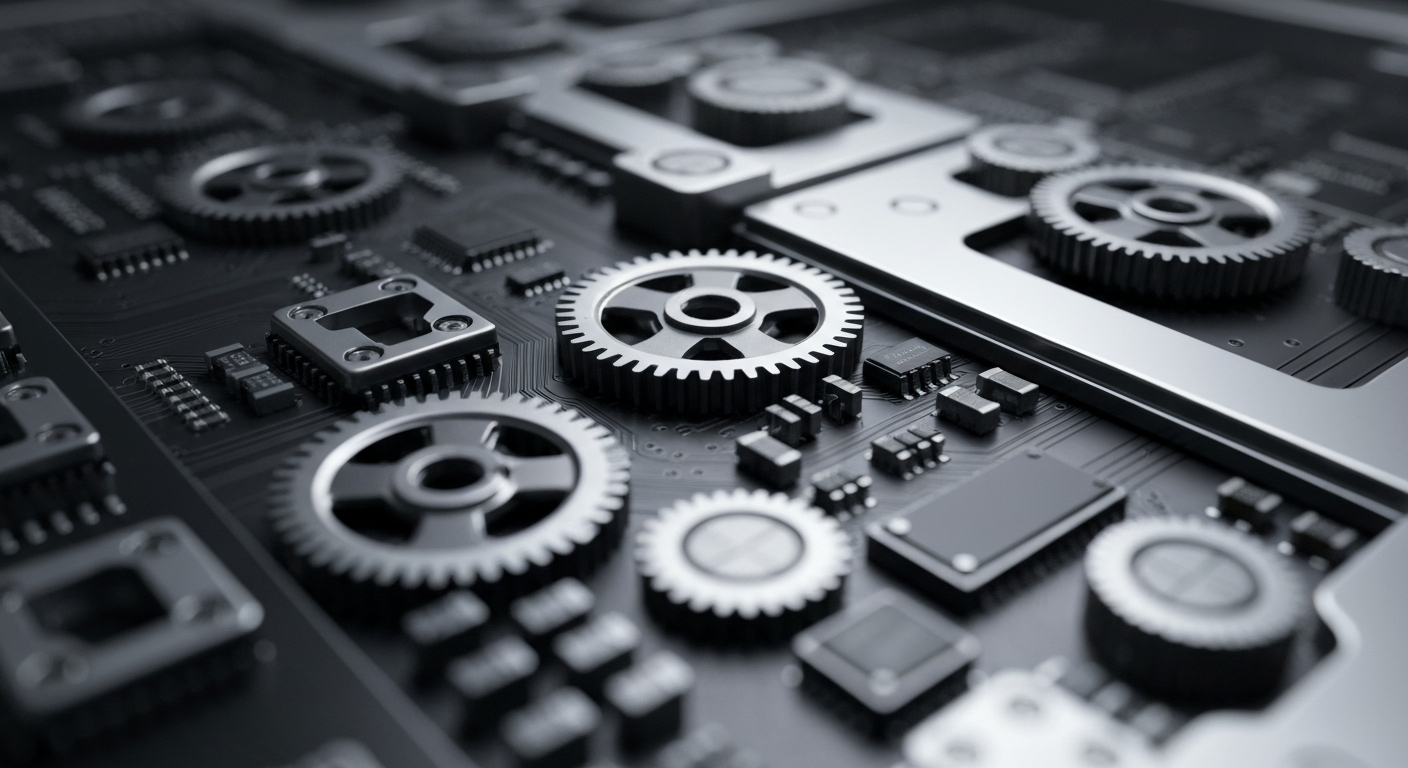 An extreme close-up of the intricate inner workings of a stock trading terminal, with gears, circuits, and metal components in a cinematic, high-contrast black and white style, conceptually representing the complex financial mechanisms behind a retail stock's price movements.