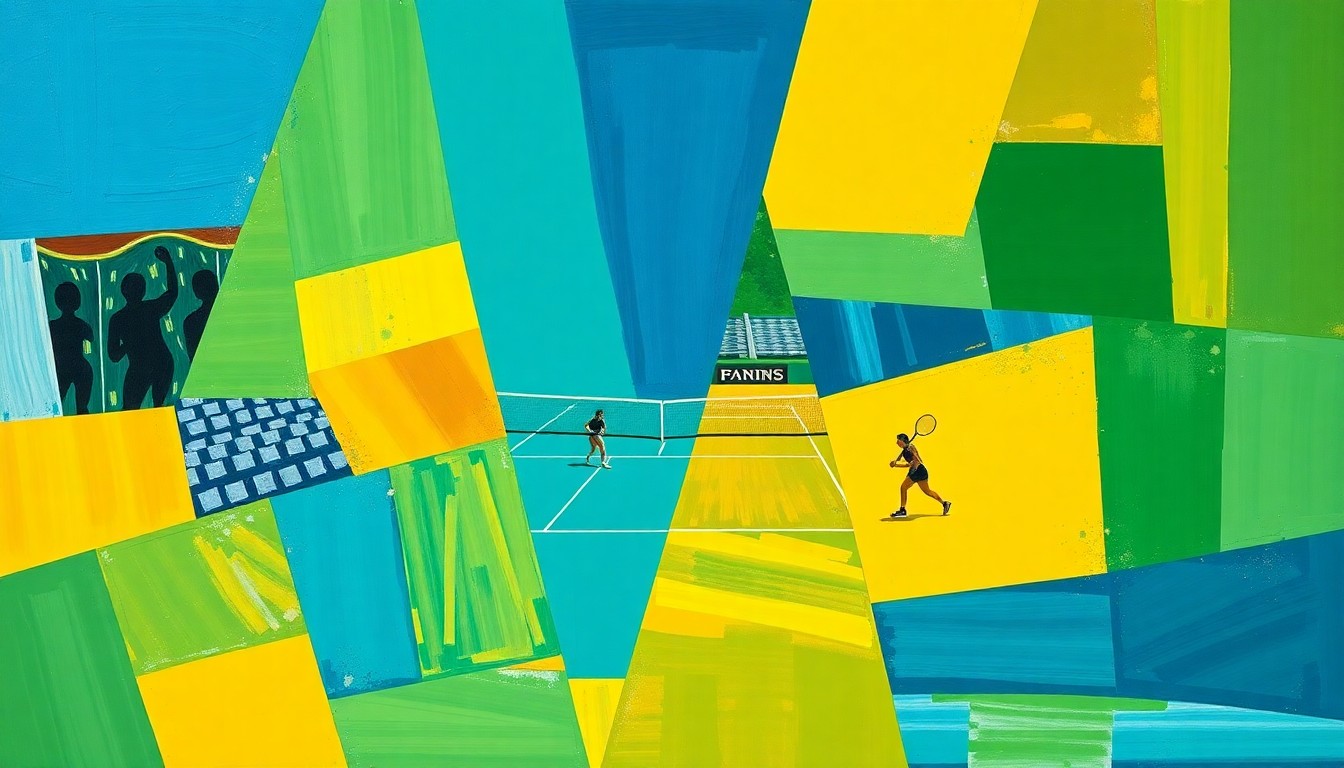 A cubist-style painting featuring overlapping geometric shapes and planes of bright blue, green, and yellow, representing the dynamic action and competition of a women's college tennis match.