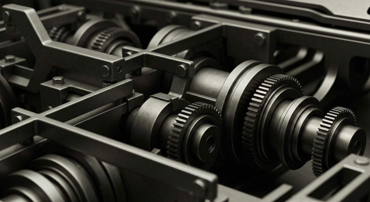 An extreme close-up of heavy, industrial banking machinery and equipment, conveying the tangible financial infrastructure and security of Pearl Diver Credit Company.