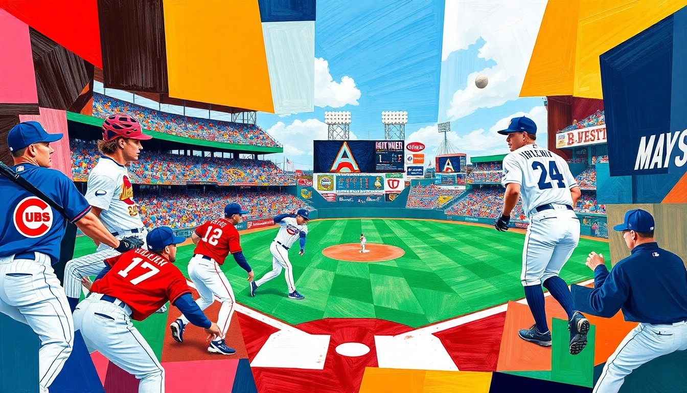 A fractured, multi-perspective painting featuring sharp, overlapping geometric shapes in the team colors of the South Bend Cubs and Beloit SkyCarp, conveying the excitement and movement of a baseball game.