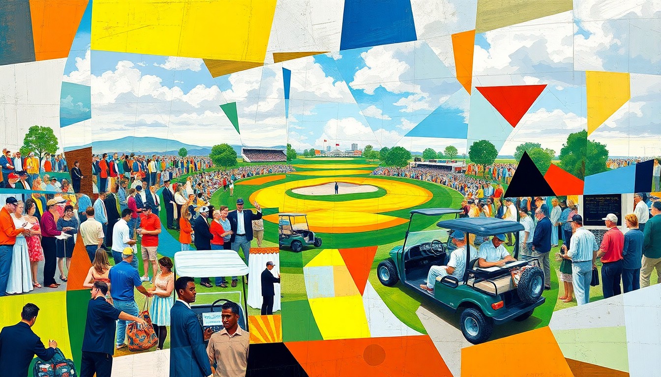 A cubist, geometric painting depicting a fragmented scene of a golf tournament, with spectators, players, and golf carts reduced to abstracted shapes and colors, conveying the energy and excitement of the event.