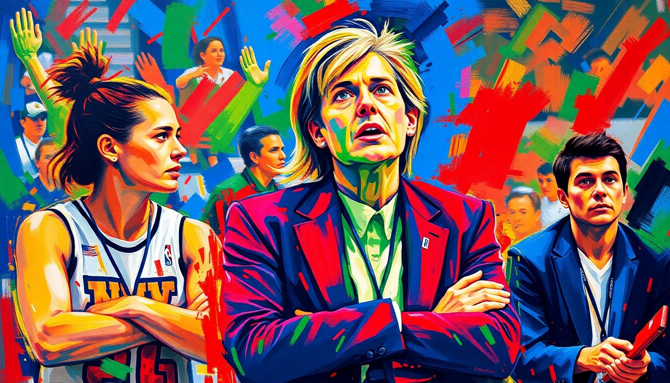 An abstract, expressionist painting in a neon color palette of electric blues, greens, and reds, with rapid brushstrokes conveying the raw energy and emotion of a women's college basketball coach on the sidelines during a high-stakes game.