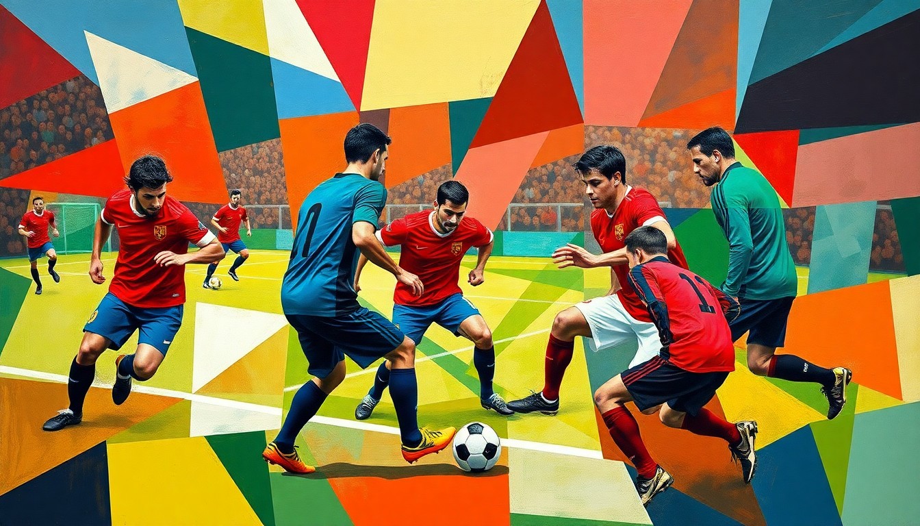 A fractured, cubist-style painting depicting the abstracted forms of soccer players in motion, with sharp geometric shapes and planes in a bold color palette representing the strategic challenges facing Manchester United.