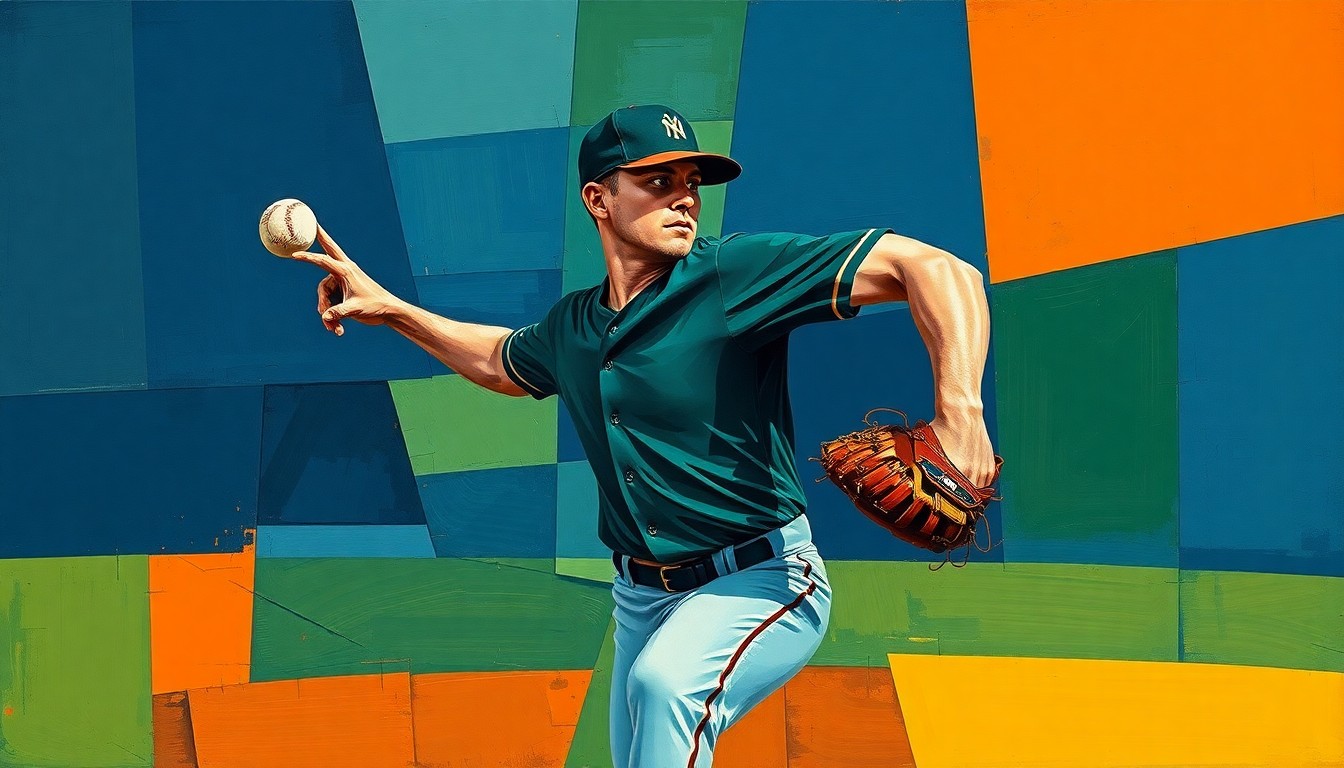 A fragmented, geometric painting depicting a baseball pitcher's motion broken down into sharp, overlapping planes of navy, green, and orange, conceptually representing the lingering physical effects of a prior injury.