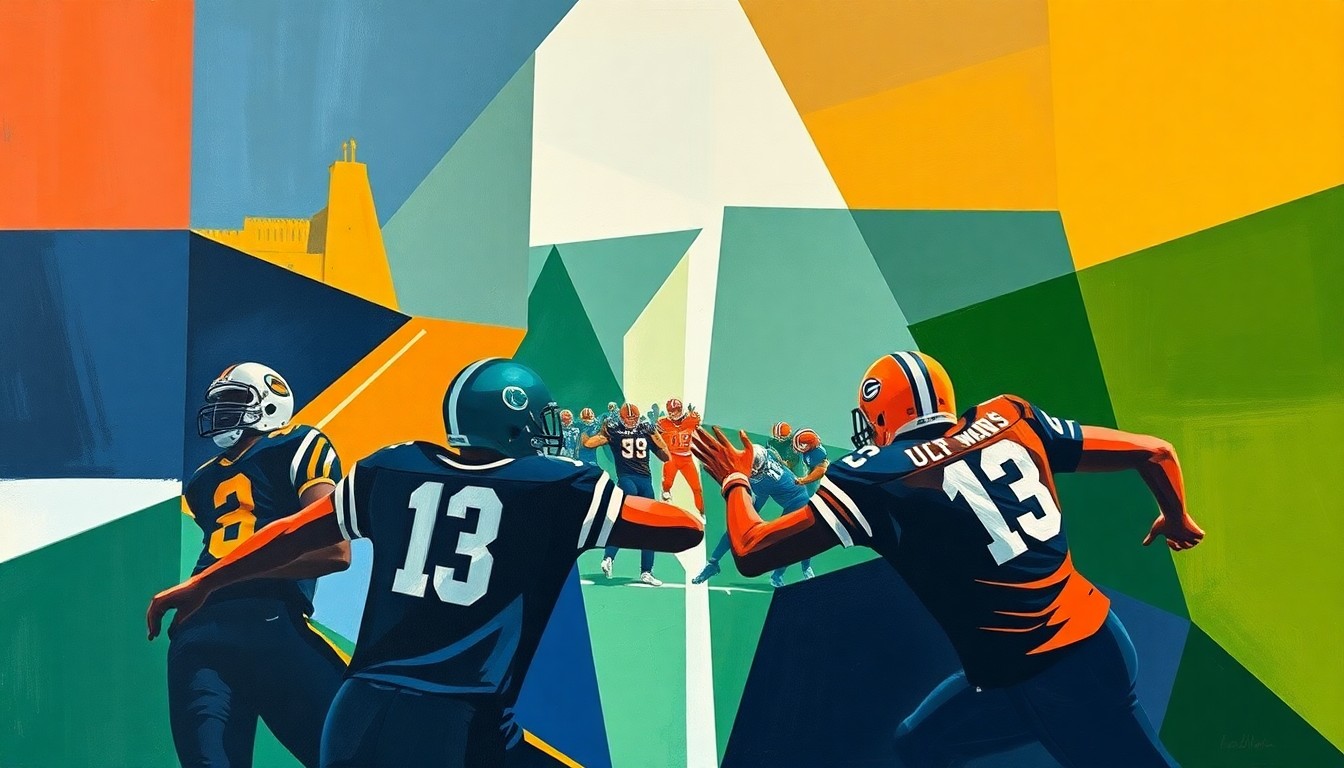 A cubist, geometric painting depicting the abstracted forms of football players in motion, with sharp planes of navy, green, and orange overlapping to create a dynamic, fragmented visual representation of the sport.