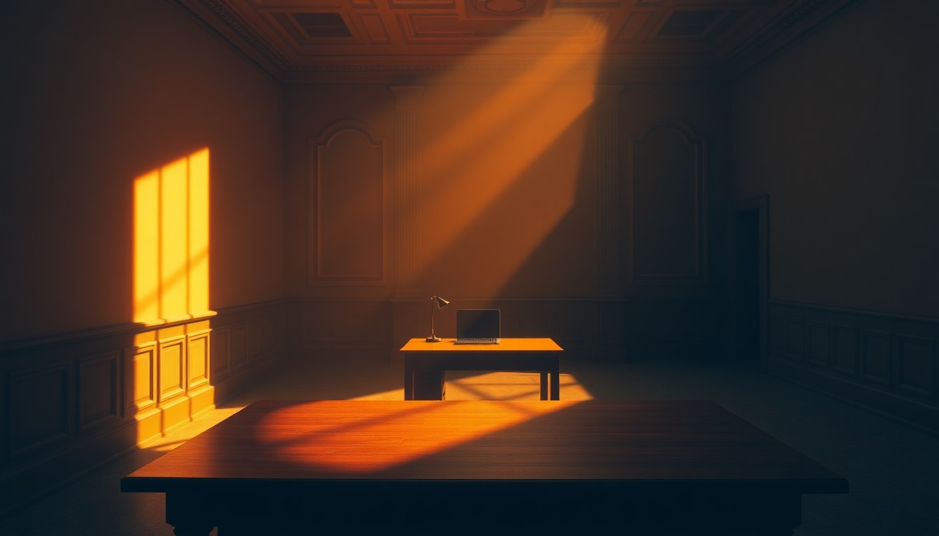 A dimly lit, cinematic office desk scene with warm sunlight and deep shadows, conceptually representing the bureaucratic forces impacting immigrant communities.