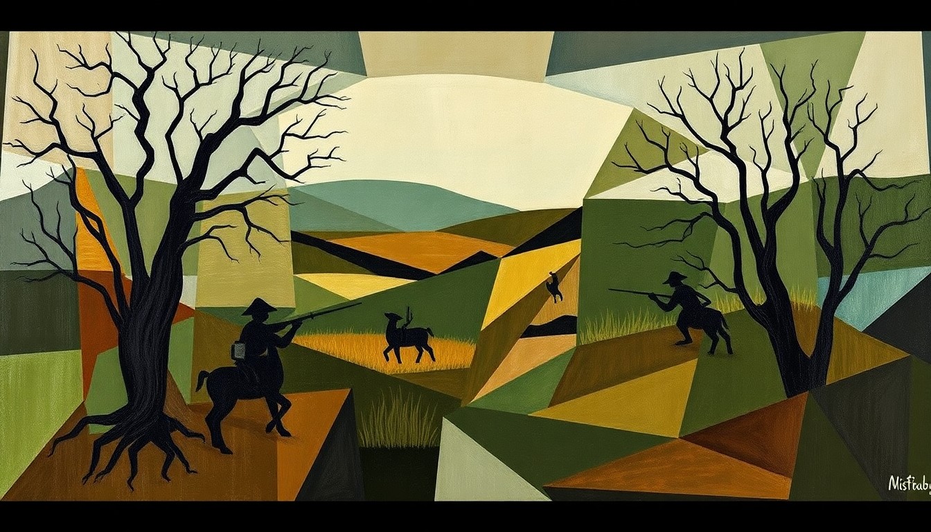 A cubist-style painting featuring fragmented geometric shapes in earthy tones, conceptually representing the complex considerations behind setting hunting policies.