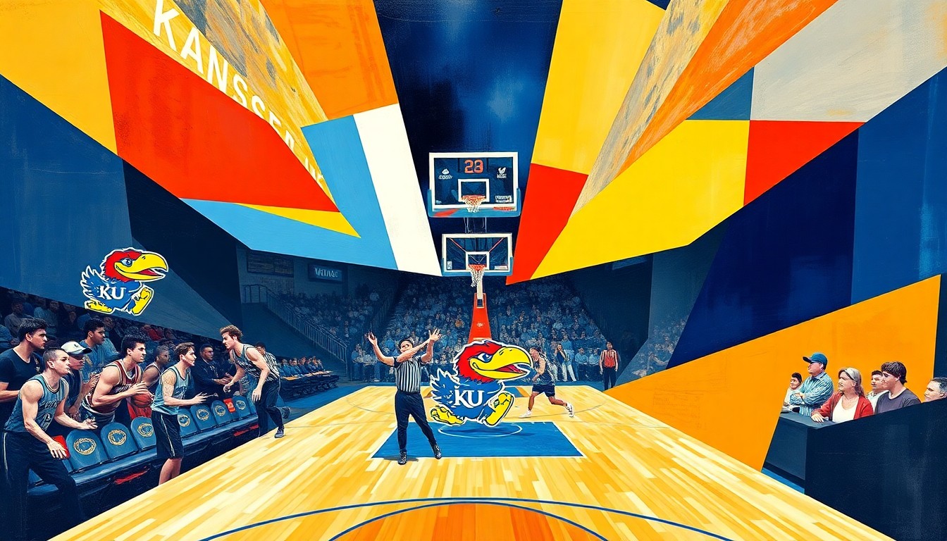 A cubist, geometric painting depicting the fragmented action of a college basketball game, with the bright colors of the Kansas Jayhawks' uniforms visible among the overlapping planes.