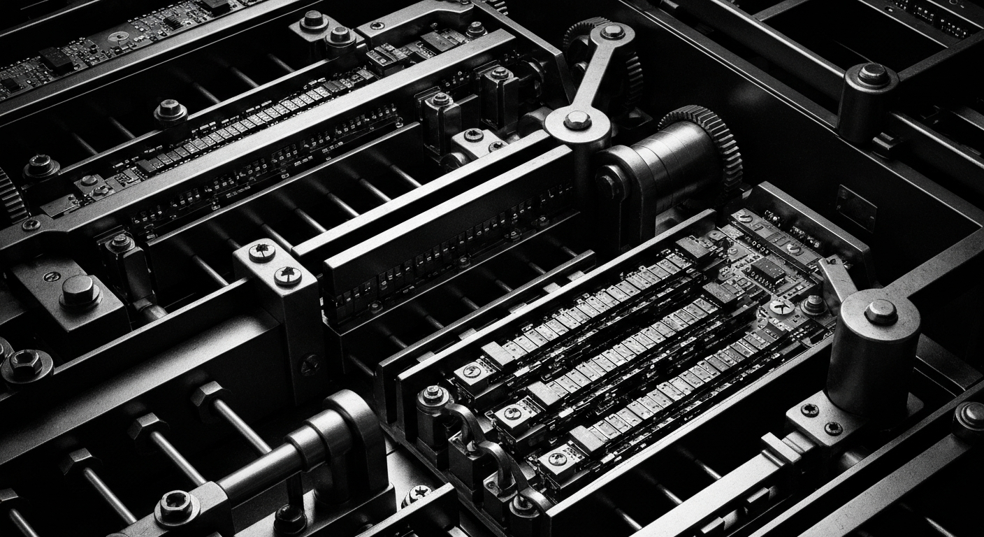 A close-up, high-contrast image of intricate banking machinery and mechanisms, such as gears, levers, and electronic components, rendered in a cinematic, industrial style to convey the complex, secure, and powerful infrastructure that underpins the financial system.