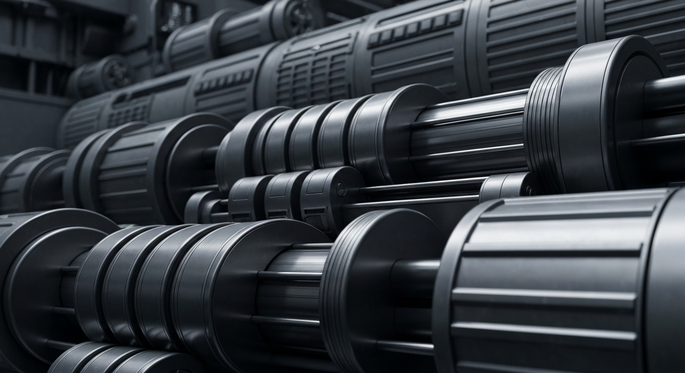 An extreme close-up of intricate, industrial banking equipment and machinery in shades of steel gray, conveying a sense of institutional power and financial security.