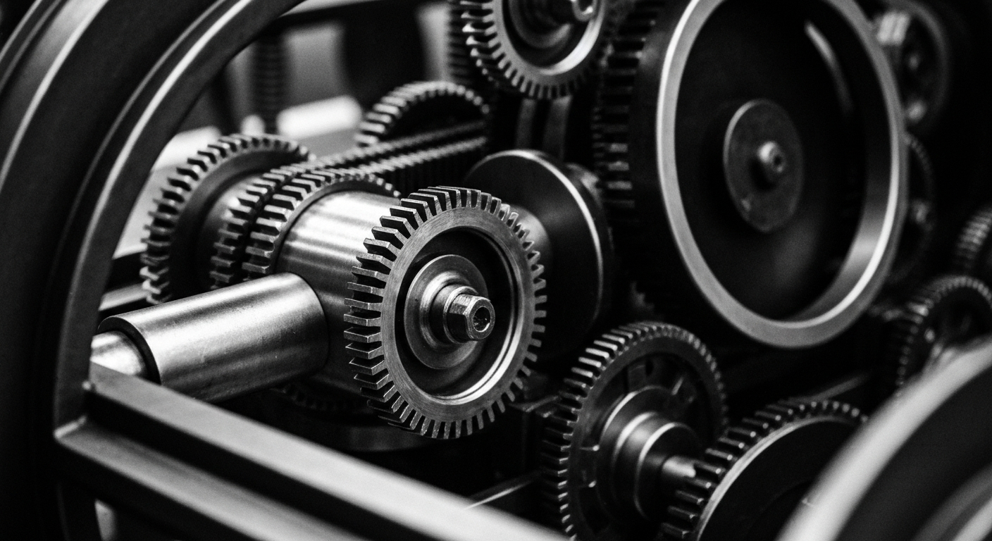 A high-contrast, macro-level view of the gears, levers, and mechanical components that power the financial industry, conveying a sense of the industry's scale, complexity, and importance.