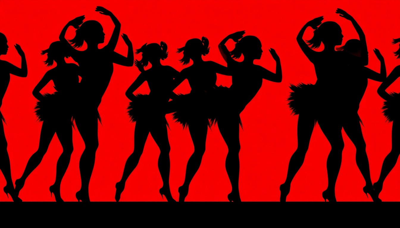 A striking abstract illustration featuring overlapping black silhouettes of step dancers against a bright red background, conveying the energy and enthusiasm of the Redd Diamondz step team rallying behind their local idol.