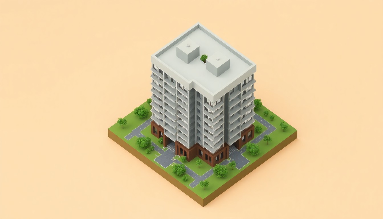 A miniature, stylized 3D illustration of a modern apartment building with surrounding greenery and walkways, representing a new luxury residential development in Bentonville, Arkansas.