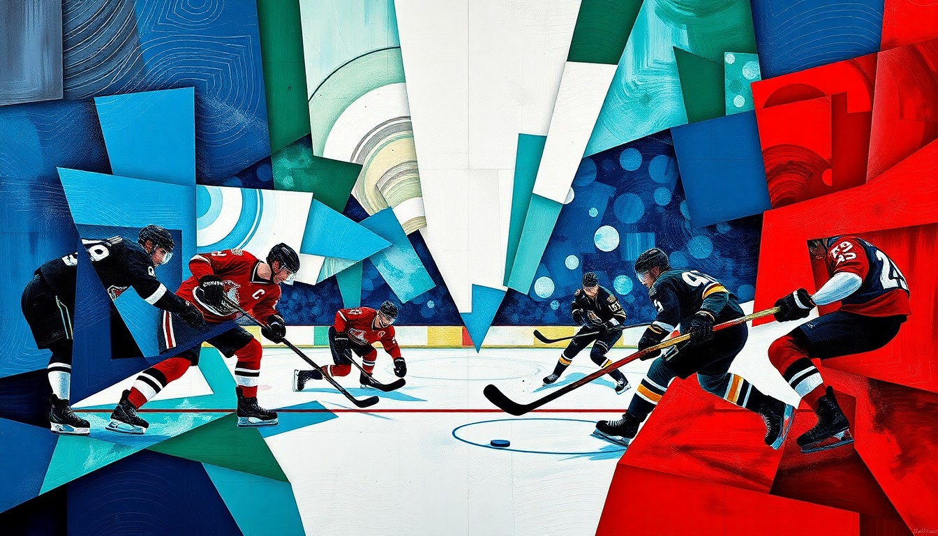 A cubist, geometric painting depicting a hockey game between the Colorado Avalanche and Seattle Kraken, with fragmented, angular shapes representing the players and puck in a vibrant color palette.