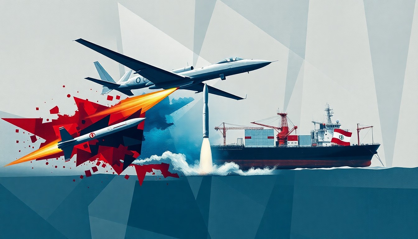 A fractured, abstract painting depicting overlapping geometric shapes in shades of gray, blue, and red, representing the chaotic and escalating conflict over energy infrastructure in the Persian Gulf.