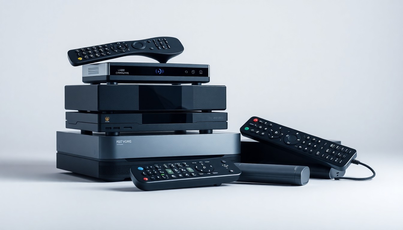 A high-end, photorealistic studio still-life photograph featuring a stack of premium streaming devices, remote controls, and other abstract corporate symbols arranged elegantly on a clean, monochromatic background, conceptually representing the technology and strategy behind Netflix's streaming business.