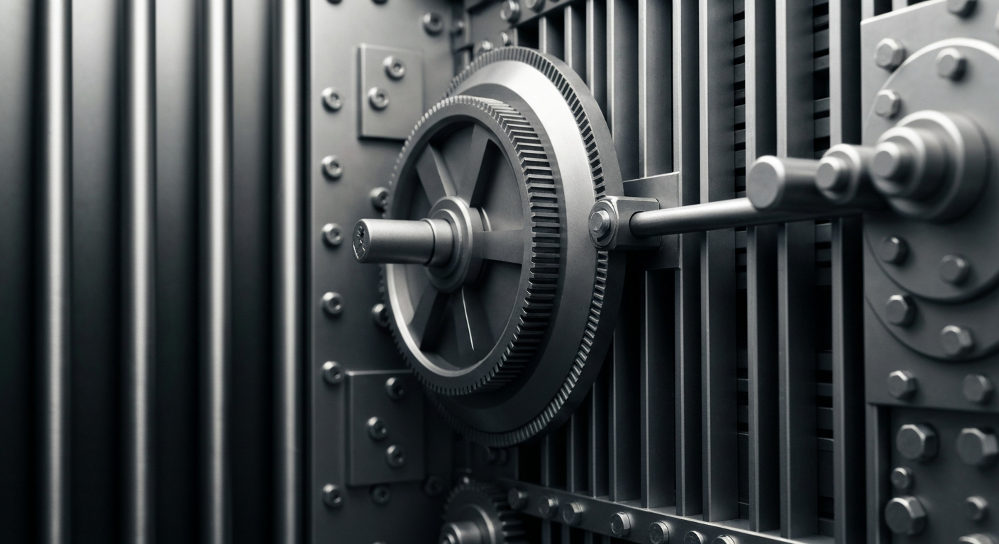 An extreme close-up of the intricate, metallic mechanisms inside a bank vault, representing the complex financial systems that underpin major consumer brands.