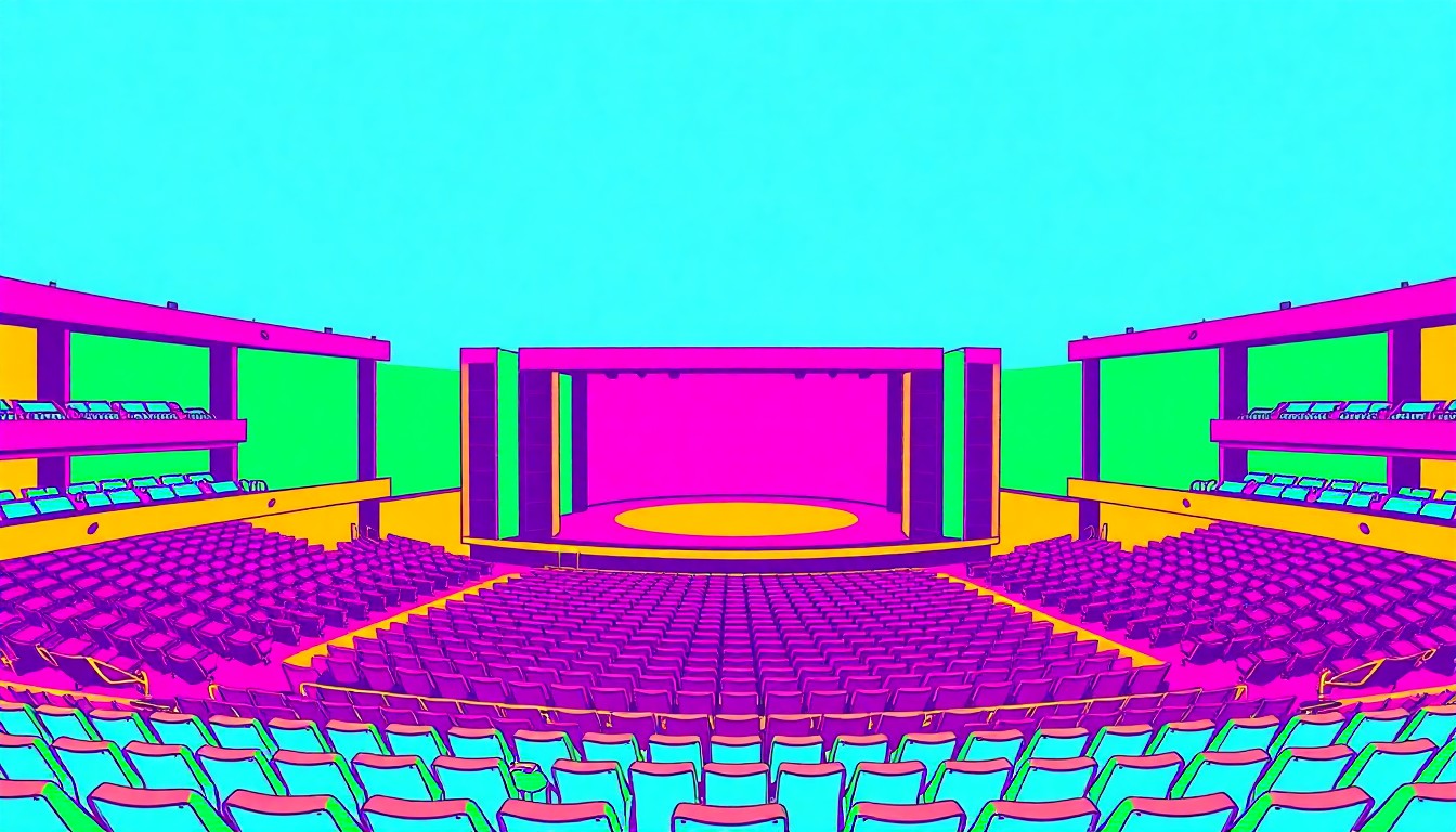 A bold, graphic illustration featuring a repeated pattern of a stylized outdoor amphitheatre stage and seating in a vibrant, neon color palette, capturing the celebratory spirit of the new venue's grand opening.