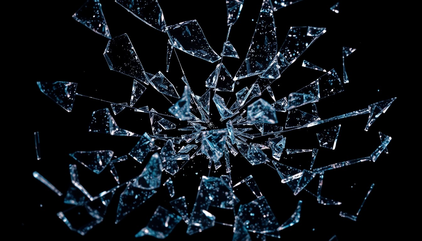An extreme close-up photograph of shattered glass shards reflecting dramatic studio lighting, conceptually representing the fractured relationships and intense conflicts at the heart of the 'Beef' anthology series.