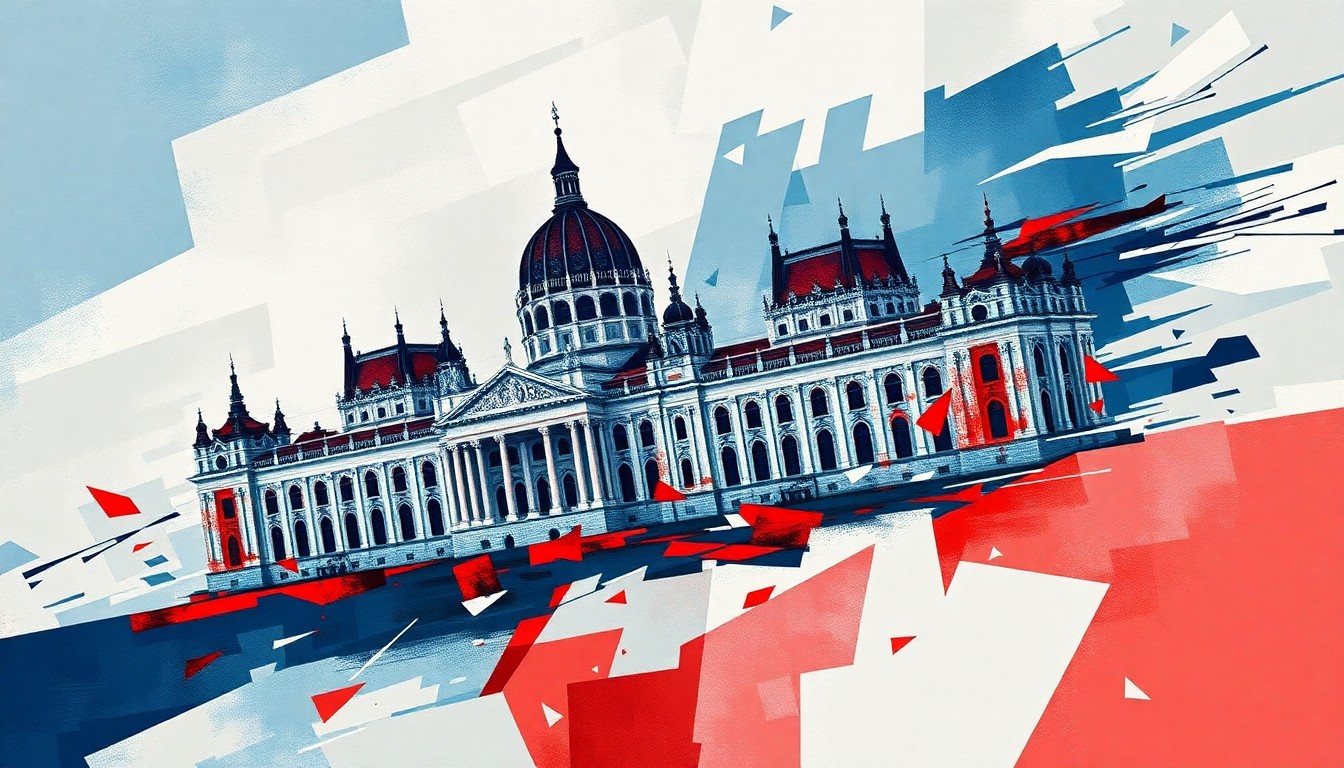 A dynamic, abstract painting in shades of blue, grey, and red depicting the Hungarian parliament building in motion, conveying the sense of political upheaval and change in the country.