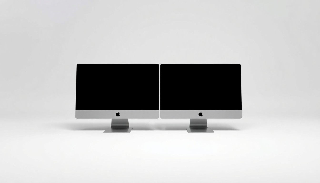 A photorealistic studio still life featuring a pair of sleek, modern computer monitors on a clean, monochromatic background, symbolizing the accessibility issues at the center of this disability discrimination case.