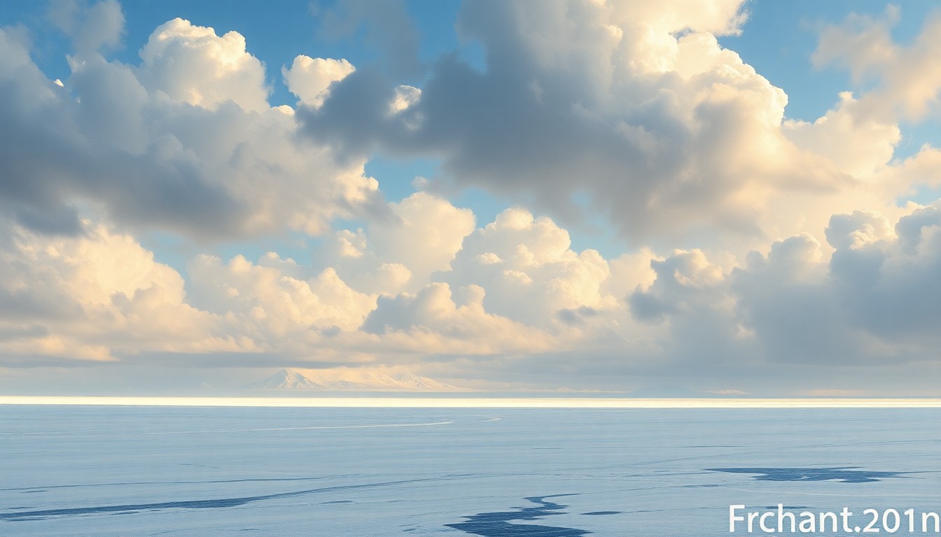 A sweeping, atmospheric landscape painting in muted tones of blue, gray, and white, capturing the overwhelming scale and power of Alaska's natural environment under a dramatic, cloud-filled sky.
