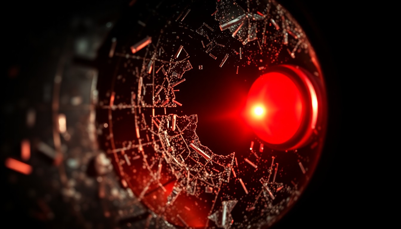 An extreme close-up of a shattered car sensor lens reflecting a faint red light, conceptually illustrating the aftermath of a high-speed police chase.