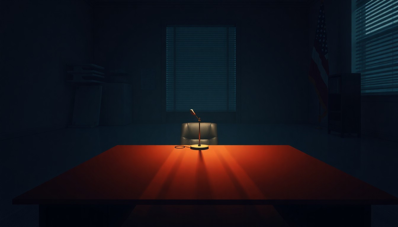 A dimly lit government office desk with a single desk lamp casting warm, diagonal shadows across the surface, conceptually illustrating the tensions over government surveillance powers.
