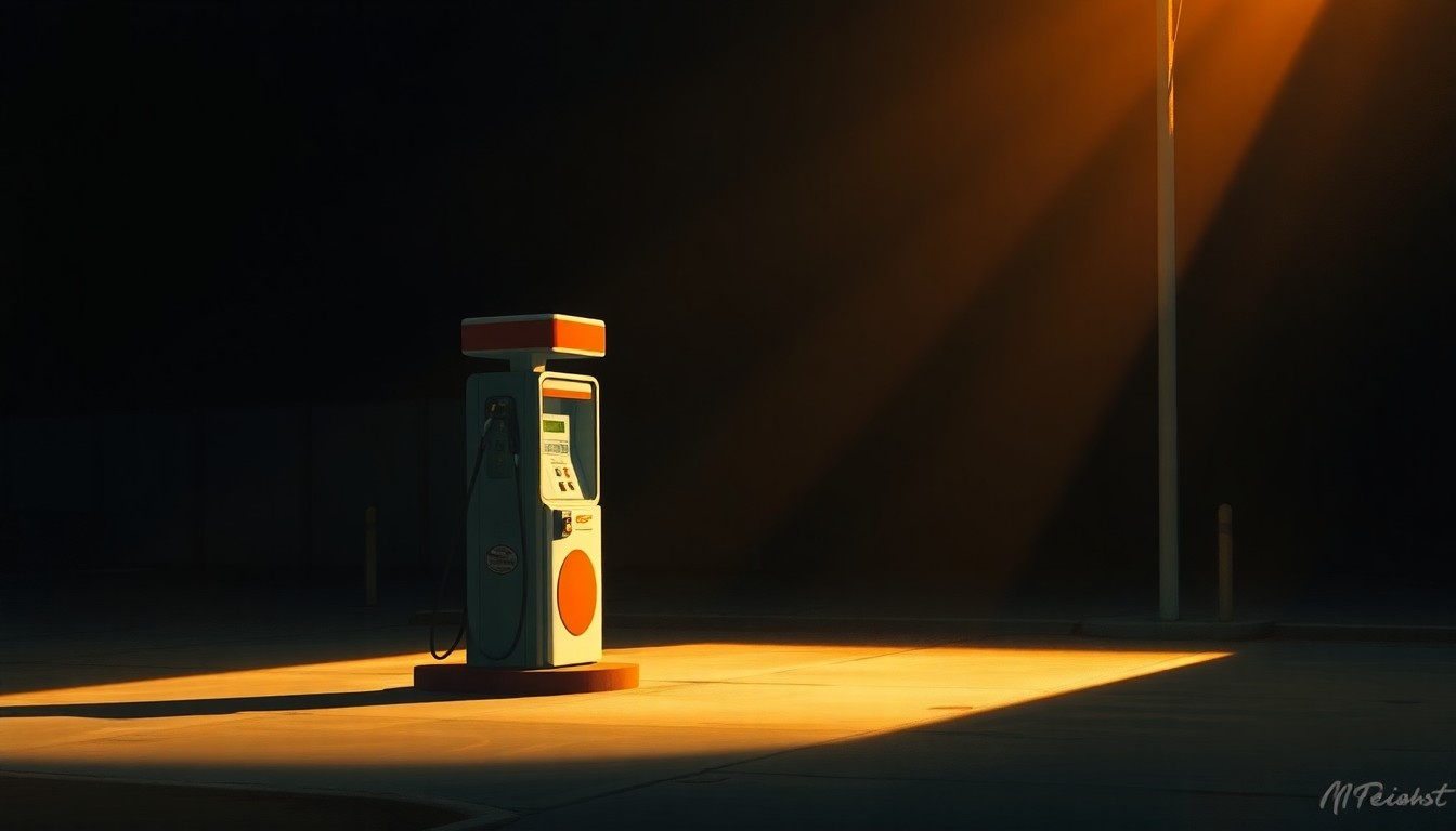 A photorealistic painting of a lone gas pump in a shadowy urban setting, with warm light and deep contrasts, conveying a sense of economic uncertainty and unease.