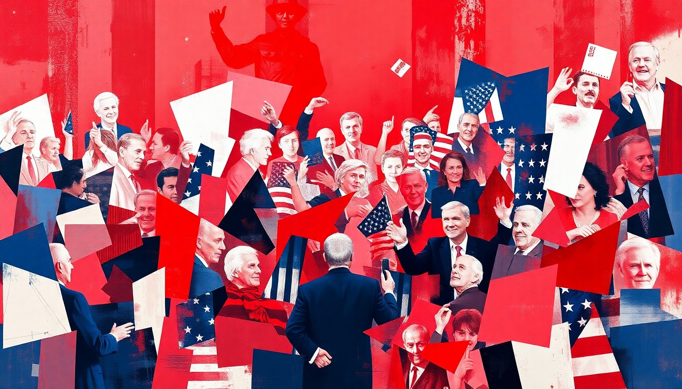 A dynamic, abstract painting in red, white, and blue hues featuring overlapping, fragmented geometric shapes and figures, conveying a sense of political turmoil and unrest.