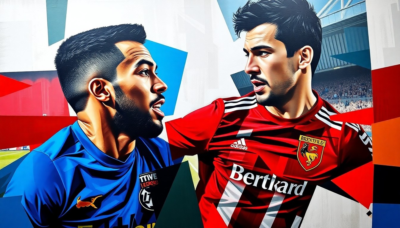 A fragmented, cubist-style painting depicting a Premier League soccer match, with the figure of a player in Brentford's colors breaking down into sharp, geometric shapes and planes of vibrant blue and red hues.